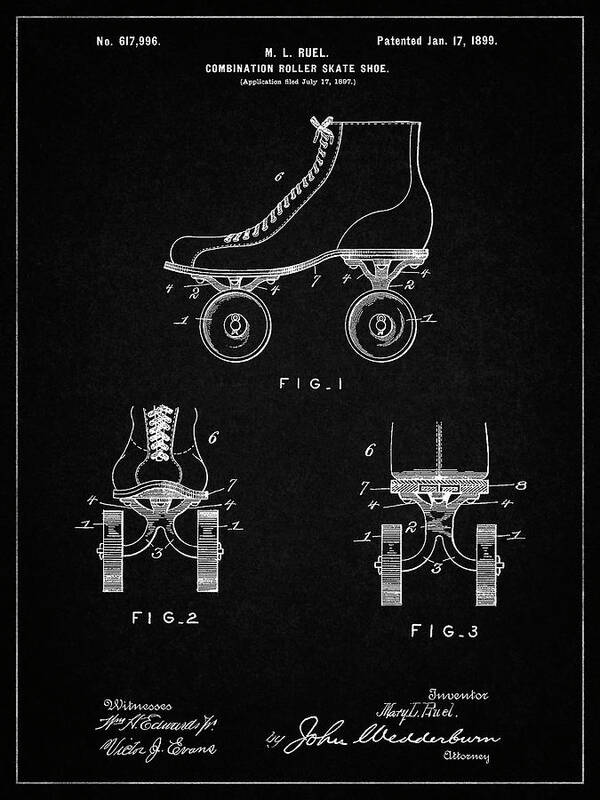 Pp1019-vintage Black Roller Skate 1899 Patent Poster Poster featuring the digital art Pp1019-vintage Black Roller Skate 1899 Patent Poster by Cole Borders