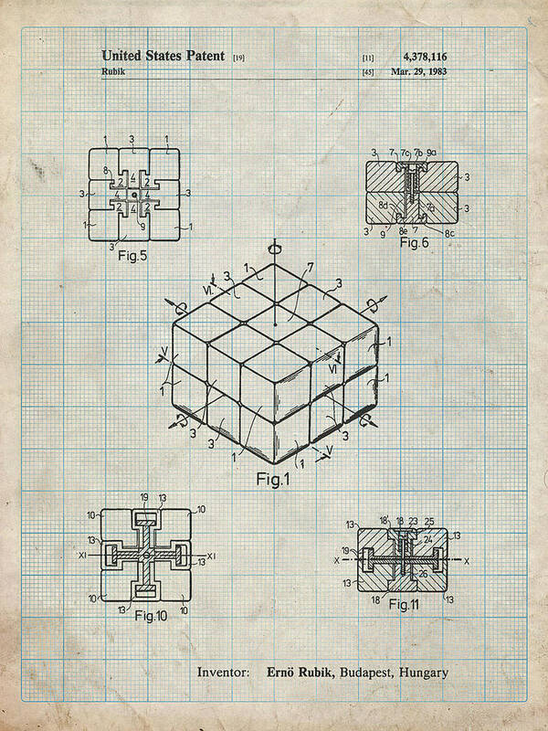 Pp1022-antique Grid Parchment Rubik's Cube Patent Poster Poster featuring the digital art Pp1022-antique Grid Parchment Rubik's Cube Patent Poster by Cole Borders