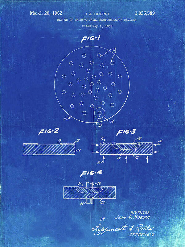 Pp1113-faded Blueprint Transistor Semiconductor Patent Poster Poster featuring the digital art Pp1113-faded Blueprint Transistor Semiconductor Patent Poster by Cole Borders