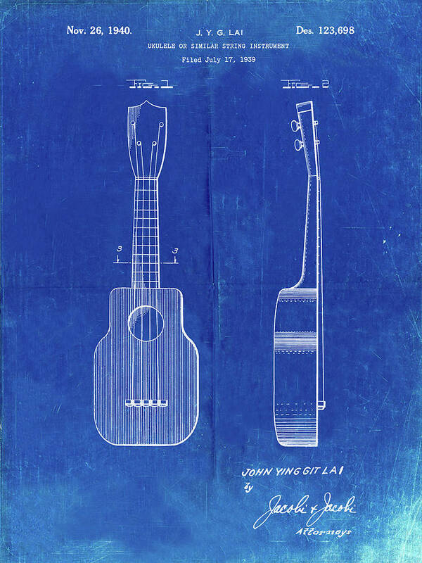 Pp1117-faded Blueprint Ukulele Patent Poster Poster featuring the digital art Pp1117-faded Blueprint Ukulele Patent Poster by Cole Borders