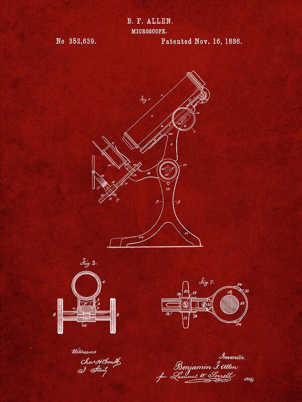 Pp132- Burgundy Antique Microscope Patent Poster Poster featuring the digital art Pp132- Burgundy Antique Microscope Patent Poster by Cole Borders
