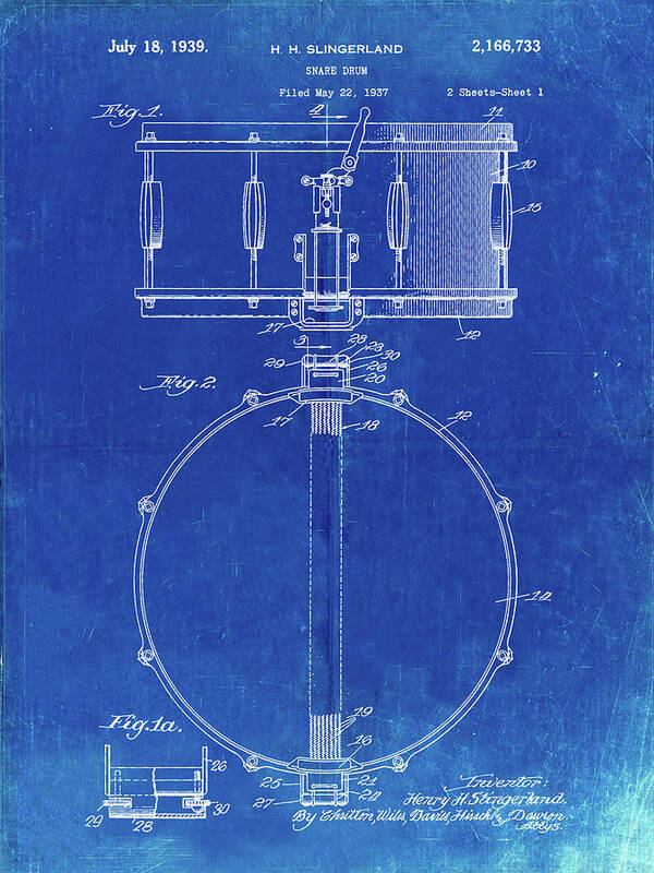 Pp147- Faded Blueprint Slingerland Snare Drum Patent Poster Poster featuring the digital art Pp147- Faded Blueprint Slingerland Snare Drum Patent Poster by Cole Borders