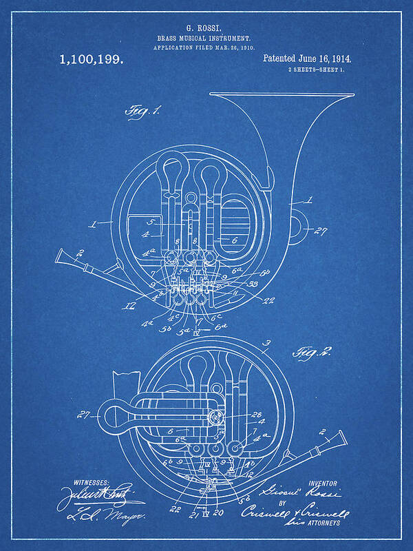Pp188- Blueprint French Horn 1914 Patent Poster Poster featuring the digital art Pp188- Blueprint French Horn 1914 Patent Poster by Cole Borders