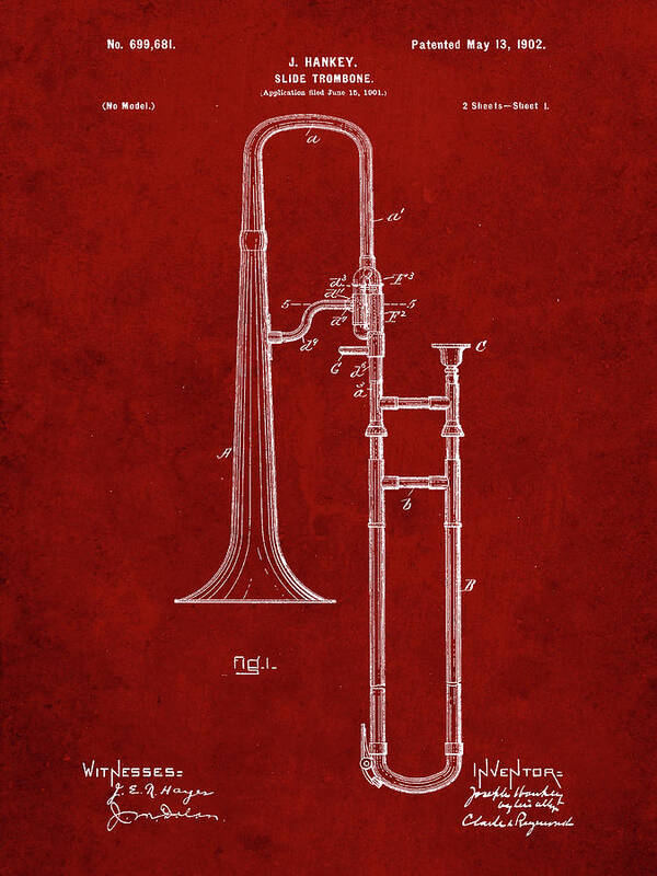 Pp261-burgundy Slide Trombone Patent Poster Poster featuring the digital art Pp261-burgundy Slide Trombone Patent Poster by Cole Borders