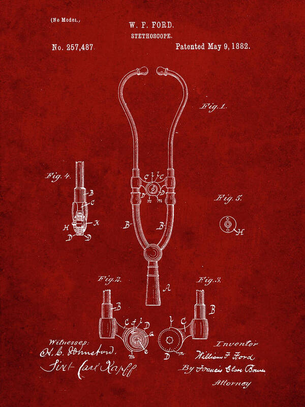 Pp315-burgundy Stethoscope Patent Poster
 Poster featuring the photograph Pp315-burgundy Stethoscope Patent Poster by Cole Borders