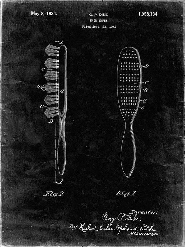 Pp352-black Grunge Wooden Hair Brush 1933 Patent Poster Poster featuring the digital art Pp352-black Grunge Wooden Hair Brush 1933 Patent Poster by Cole Borders