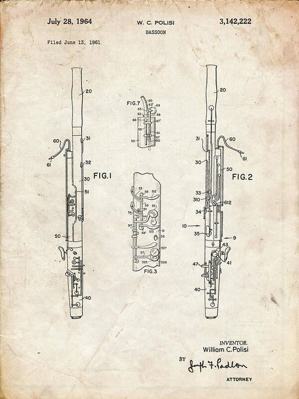 Pp392-vintage Parchment Bassoon Patent Poster Poster featuring the digital art Pp392-vintage Parchment Bassoon Patent Poster by Cole Borders