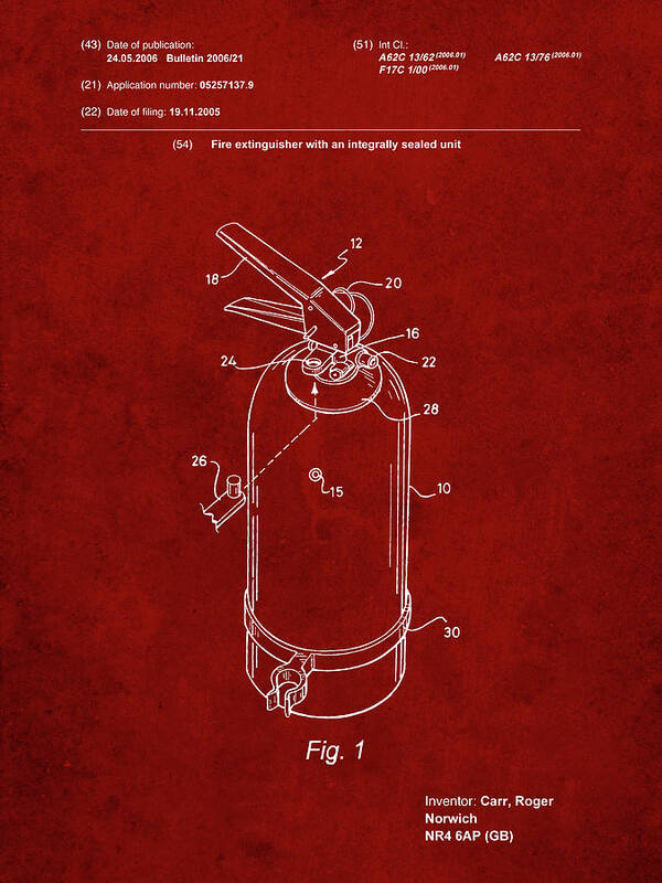 Pp396-burgundy Modern Fire Extinguisher Patent Poster Poster featuring the digital art Pp396-burgundy Modern Fire Extinguisher Patent Poster by Cole Borders