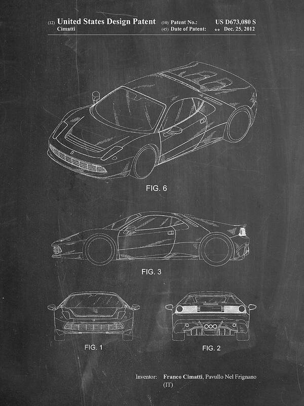 Pp466-chalkboard Ferrari 2012 Sp12 Patent Poster Poster featuring the digital art Pp466-chalkboard Ferrari 2012 Sp12 Patent Poster by Cole Borders