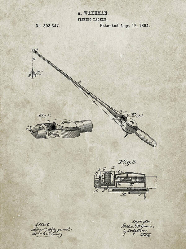 Pp490-sandstone Fishing Rod And Reel 1884 Patent Poster Poster featuring the digital art Pp490-sandstone Fishing Rod And Reel 1884 Patent Poster by Cole Borders