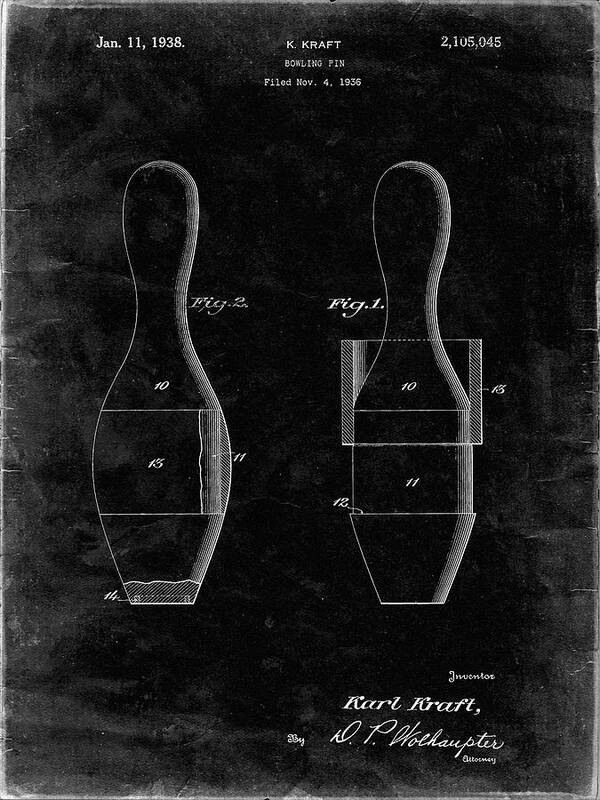 Pp653-black Grunge Bowling Pin 1938 Patent Poster Poster featuring the digital art Pp653-black Grunge Bowling Pin 1938 Patent Poster by Cole Borders