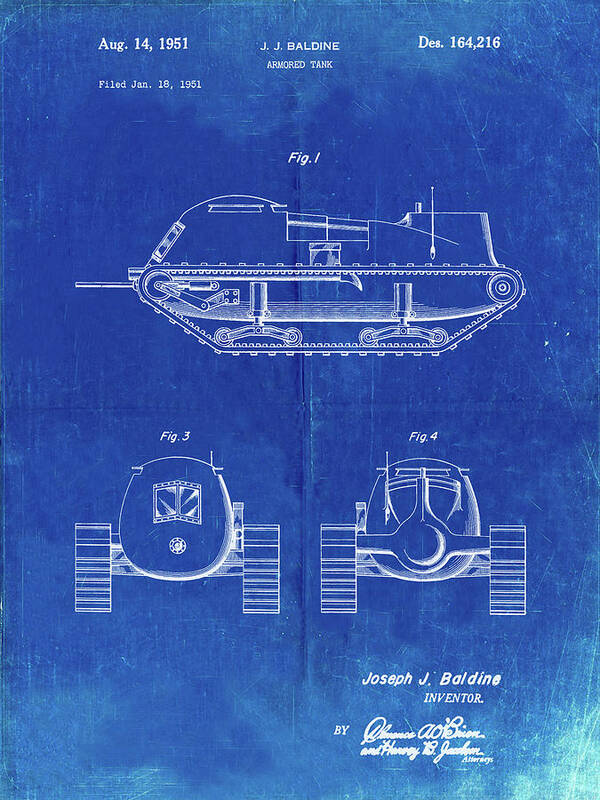 Pp705-faded Blueprint Armored Tank Patent Poster Poster featuring the digital art Pp705-faded Blueprint Armored Tank Patent Poster by Cole Borders