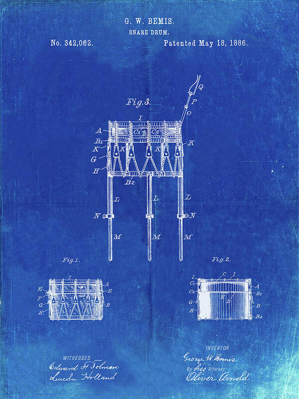 Pp732-faded Blueprint Bemis Marching Snare Drum And Stand Patent Poster Poster featuring the digital art Pp732-faded Blueprint Bemis Marching Snare Drum And Stand Patent Poster by Cole Borders