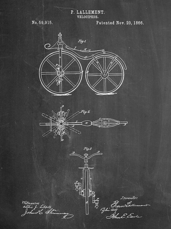 Pp77-chalkboard First Bicycle 1866 Patent Poster Poster featuring the digital art Pp77-chalkboard First Bicycle 1866 Patent Poster by Cole Borders