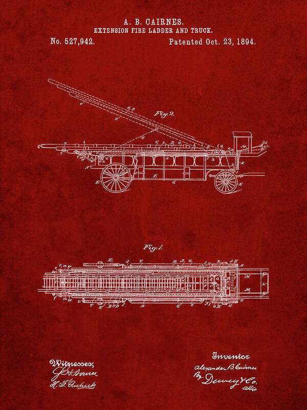 Pp808-burgundy Fire Extension Ladder 1894 Patent Poster Poster featuring the digital art Pp808-burgundy Fire Extension Ladder 1894 Patent Poster by Cole Borders