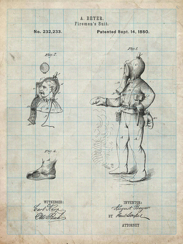 Pp811-antique Grid Parchment Firefighter Suit 1880 Patent Poster Poster featuring the digital art Pp811-antique Grid Parchment Firefighter Suit 1880 Patent Poster by Cole Borders