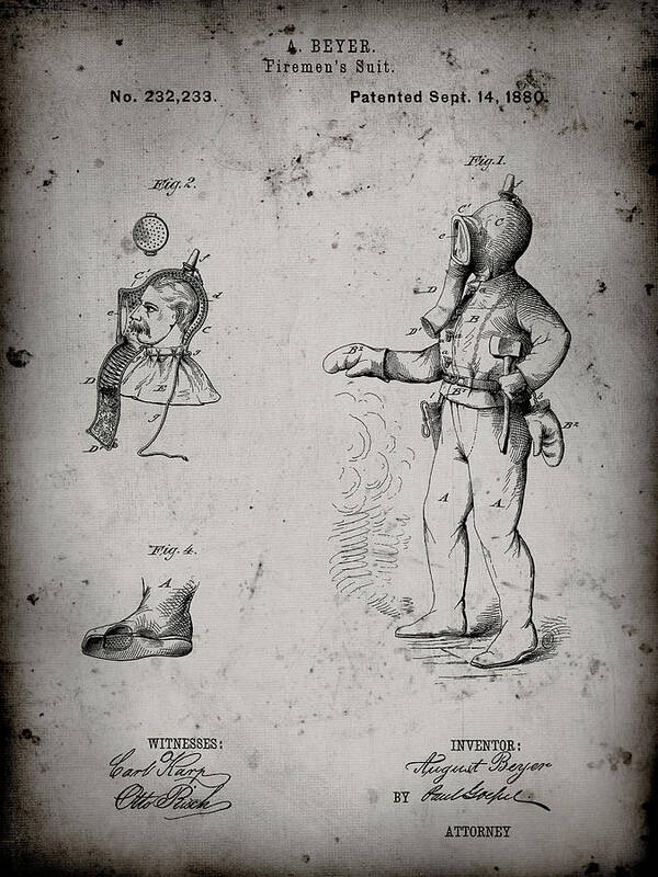 Pp811-faded Grey Firefighter Suit 1880 Patent Poster Poster featuring the digital art Pp811-faded Grey Firefighter Suit 1880 Patent Poster by Cole Borders