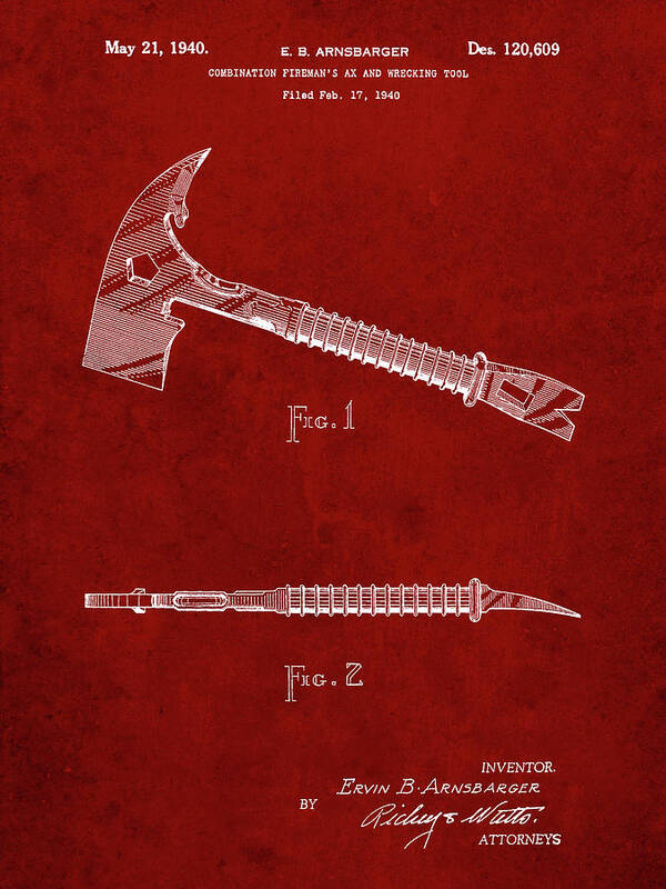 Pp812-burgundy Fireman's Axe 1940 Patent Poster Poster featuring the digital art Pp812-burgundy Fireman's Axe 1940 Patent Poster by Cole Borders