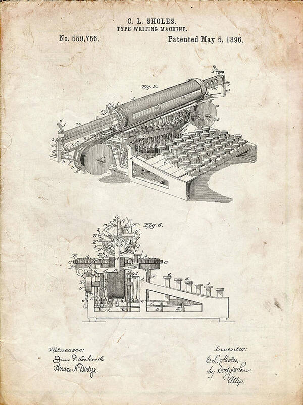 Pp918-vintage Parchment Last Sholes Typewriter Patent Poster Poster featuring the digital art Pp918-vintage Parchment Last Sholes Typewriter Patent Poster by Cole Borders