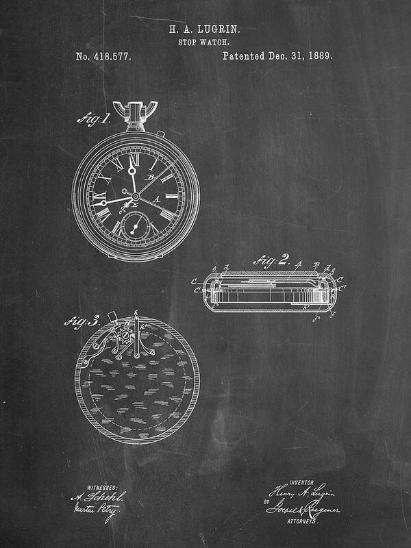 Pp940-chalkboard Lemania Swiss Stopwatch Patent Poster Poster featuring the digital art Pp940-chalkboard Lemania Swiss Stopwatch Patent Poster by Cole Borders