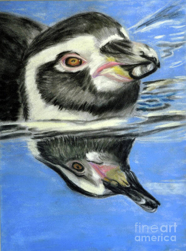 Penguin Poster featuring the pastel Reflection by Lori Moon