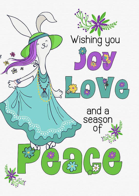 Christmas Poster featuring the digital art Retro Hippie Joy Love and Peace Dancing Holiday Bunny by Doreen Erhardt