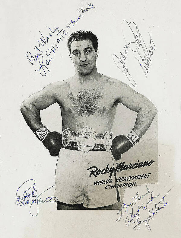Rocky Marciano Poster featuring the photograph Rocky Marciano, Tony Galento and Jersey Joe Walcott - Autographs by Doc Braham