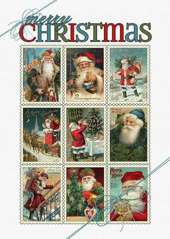 Vintage Poster featuring the digital art Santa Theme in Vintage Christmas Stamps by Doreen Erhardt