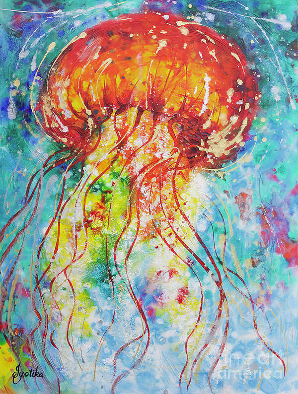 Red Jellyfish Poster featuring the painting Sea Nettle Jellyfish by Jyotika Shroff