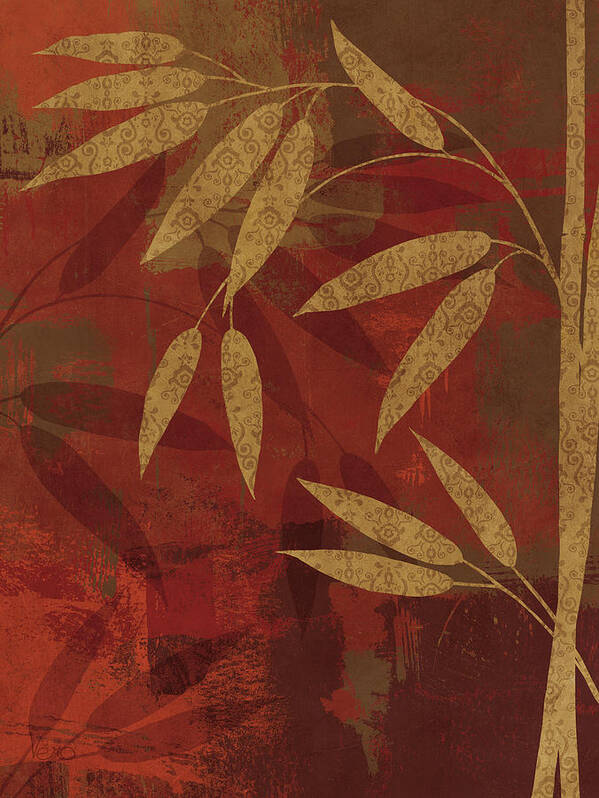 Bamboo Leaves Red Background With Silhouette Pattern Poster featuring the mixed media Simple Mood II by Veronique