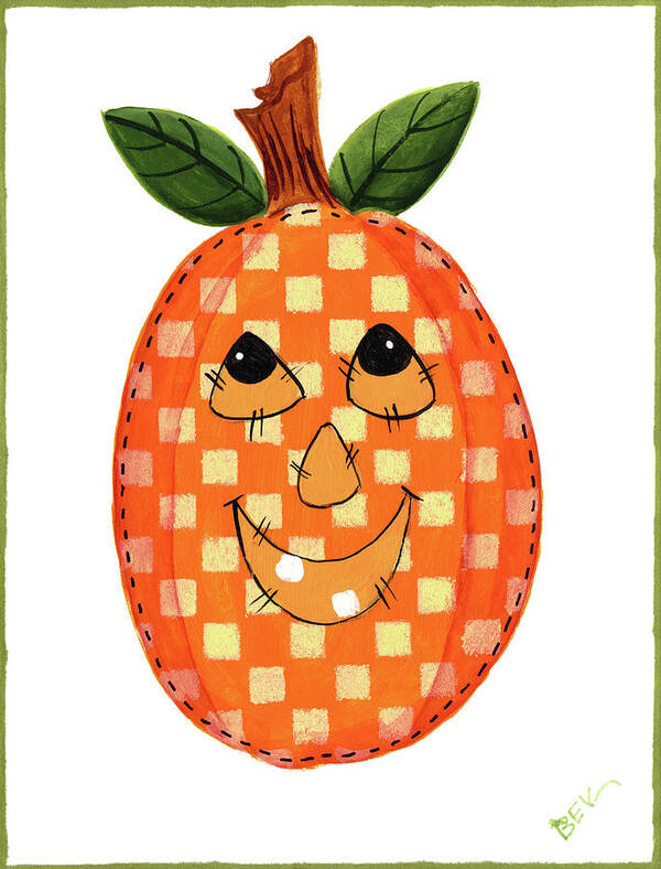 Pumpkin Poster featuring the painting Smiling Checked Pumpkin by Beverly Johnston