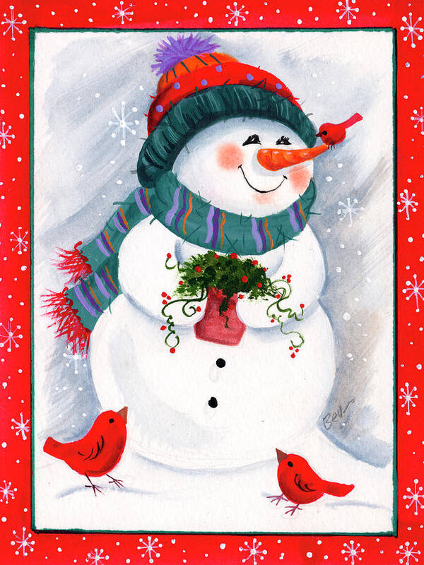 Snowman Holding A Flowering Plant. Poster featuring the painting Snowman With Birds by Beverly Johnston