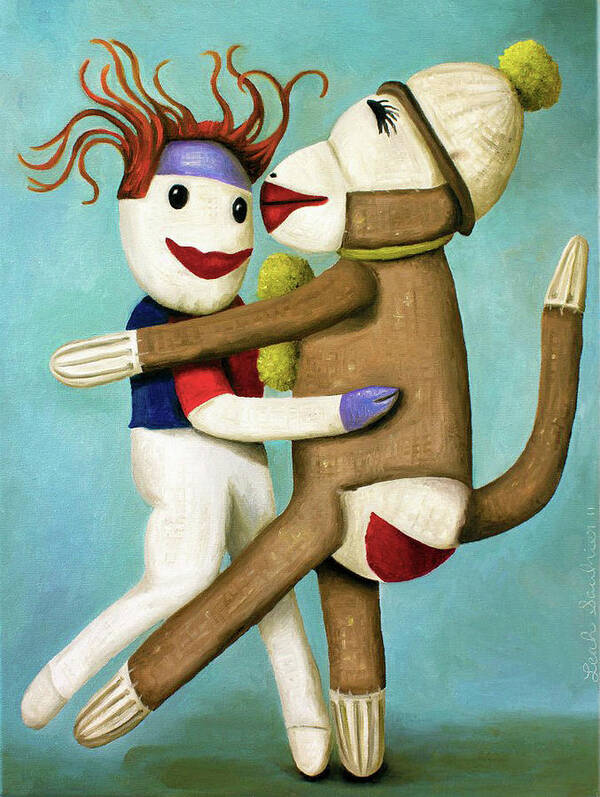 Sock Dolls Dancing Poster featuring the painting Sock Dolls Dancing by Leah Saulnier