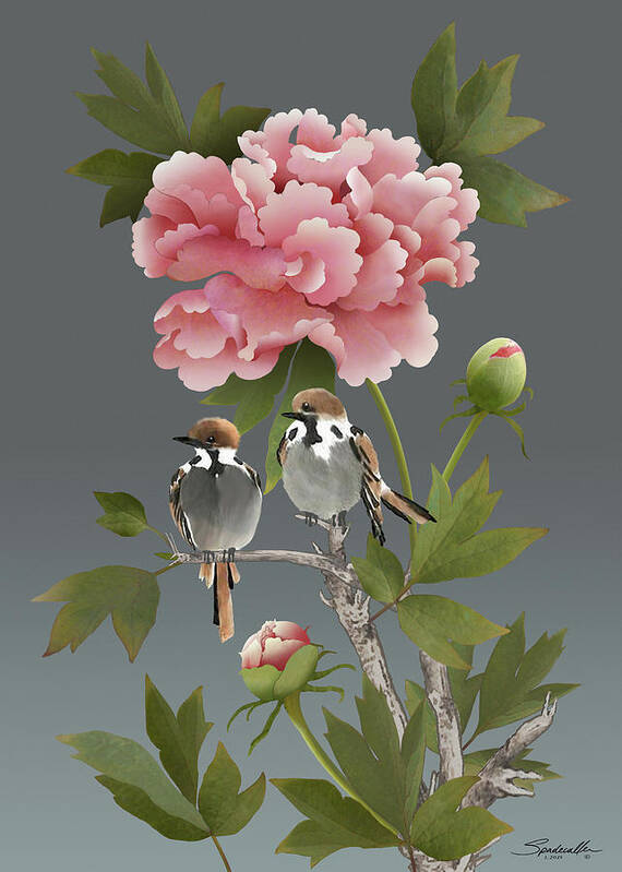 Sparrows Poster featuring the digital art Sparrows and Peony by M Spadecaller