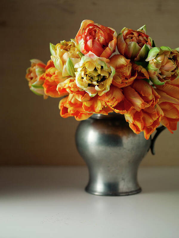 Orange Color Poster featuring the photograph Still Life With Tulips In A Vase by Jim Franco