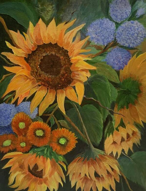 Sunflowers. Large Leaves Poster featuring the painting Sunflowers in my Garden by Jane Ricker