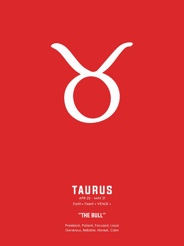 Taurus Poster featuring the mixed media Taurus Print - Zodiac Signs Print - Zodiac Posters - Taurus Poster - Red and White - Taurus Traits by Studio Grafiikka