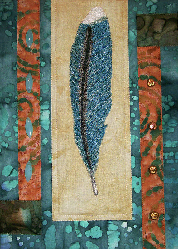 Art Quilt Poster featuring the tapestry - textile Threaded Feather by Pam Geisel