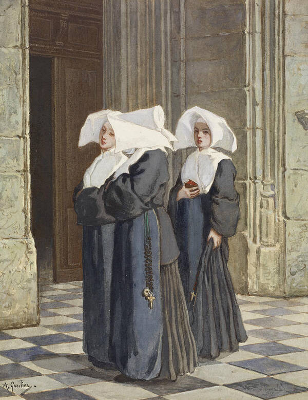 19th Century Art Poster featuring the drawing Three Nuns in the Portal of a Church by Armand Gautier