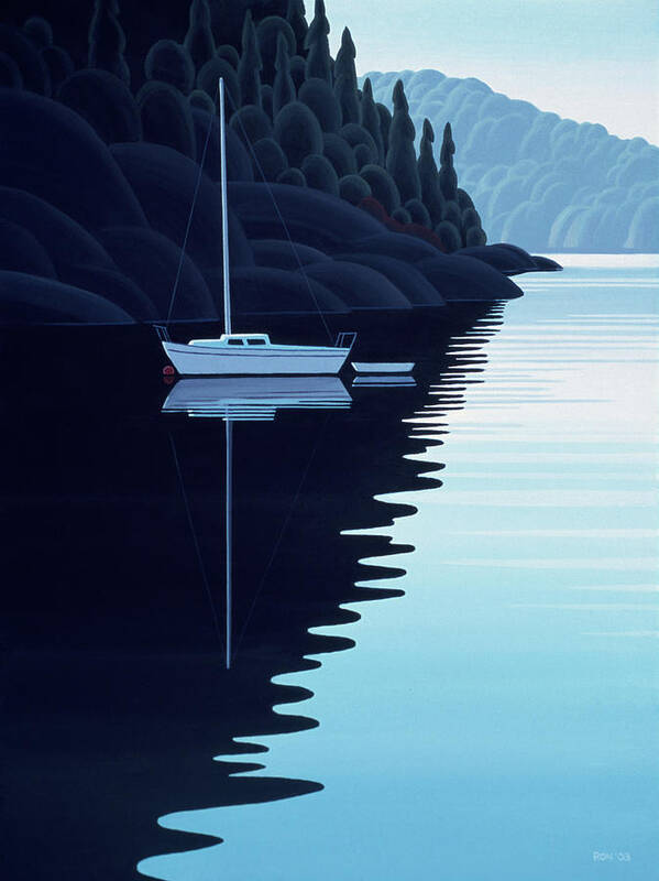 Sailboat Moored In Water Poster featuring the painting Tranquil Cove by Ron Parker