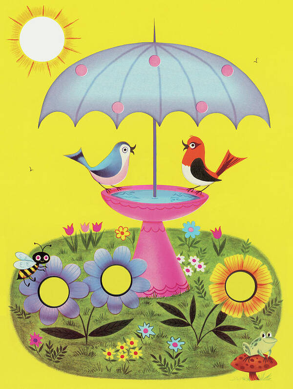 Animal Poster featuring the drawing Two Birds at a Birdbath by CSA Images