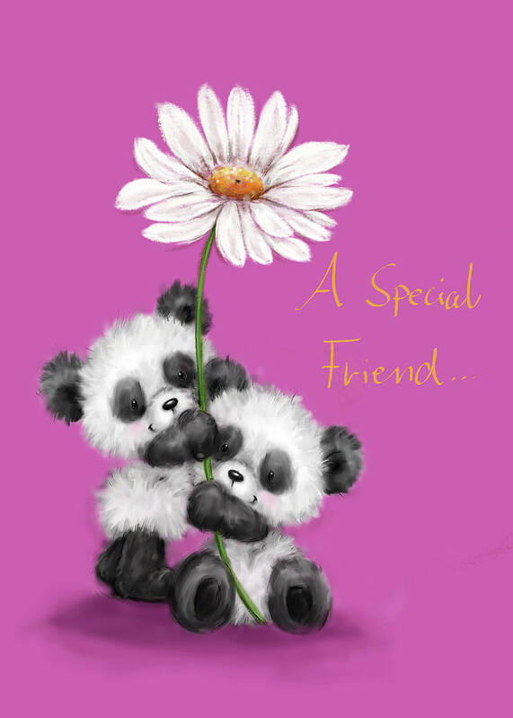 Two Panda With Daisy Poster featuring the mixed media Two Panda With Daisy by Makiko
