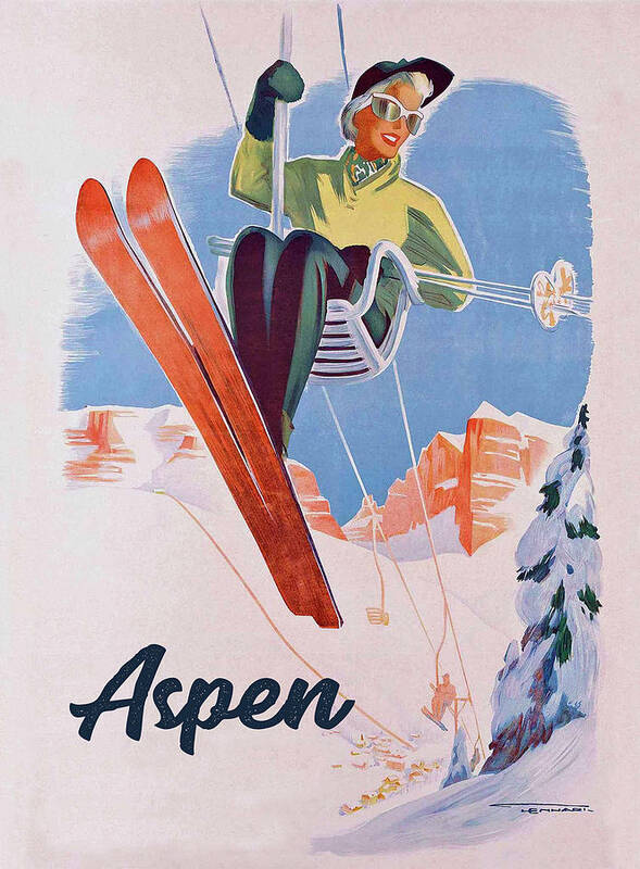 Vintage Aspen Ski Lift Poster featuring the mixed media Vintage Aspen Ski Lift by Vintage Lavoie