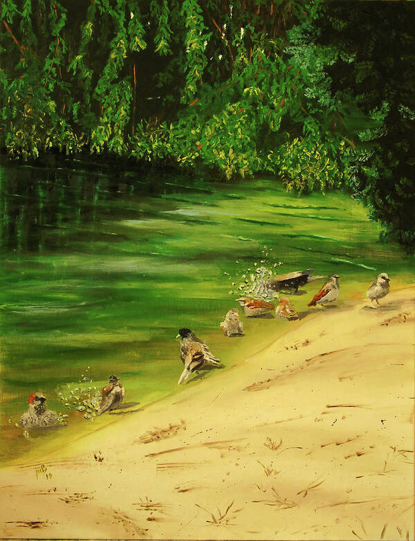 Oil Painting Landscape Garden Outside Outdoor Park Garden Poland Warsaw Vacation Warm Day Nature Tourist Summer Clouds Holiday Sun Lake Relax Shore Sunny Trees Green Beautiful Warm Sand Sunbathing Water Reflections Birds City Poster featuring the painting Warm Day by Maria Woithofer
