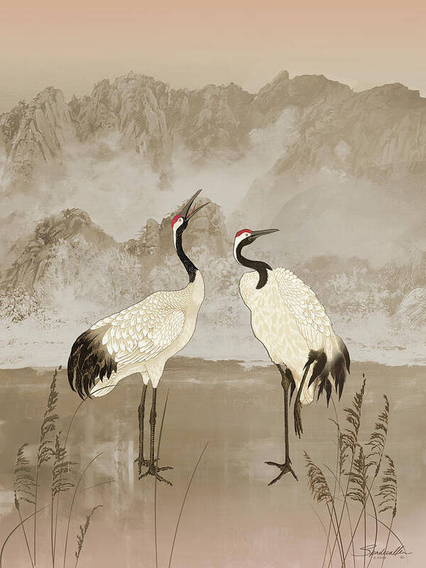 Bird Poster featuring the mixed media Wintering Manchurian Cranes by M Spadecaller