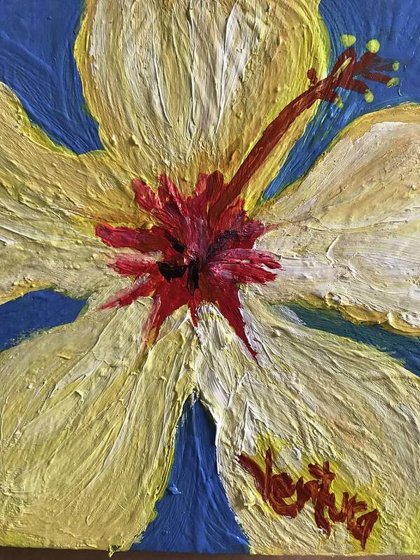 Hello Poster featuring the painting Yellow Hibiscus with Red Heart by Clare Ventura
