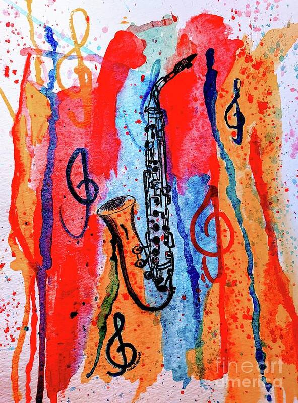 Music Poster featuring the painting Saxophone #2 by Aurelia Schanzenbacher