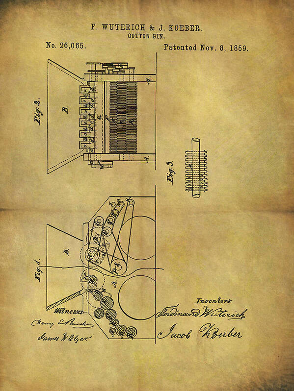 1859 Cotton Gin Patent Poster featuring the drawing 1859 Cotton Gin Patent by Dan Sproul