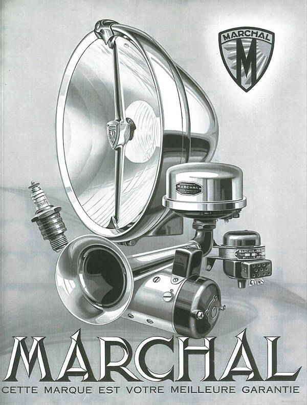 Marchal Poster featuring the mixed media 1930s advertisement Marchal lamps and horns by Retrographs