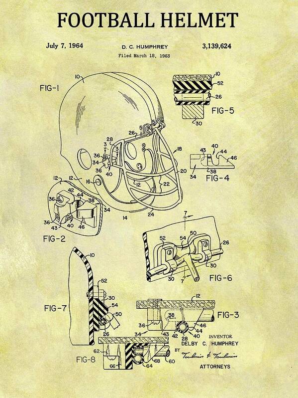 1964 Football Helmet Patent Poster featuring the drawing 1964 Football Helmet Vintage Sports Patent by Dan Sproul